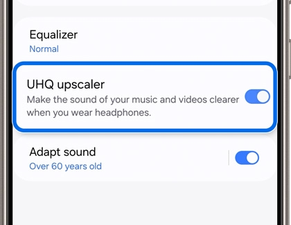 UHQ upscaler highlighted and the switch turned on in Sound quality and effects settings