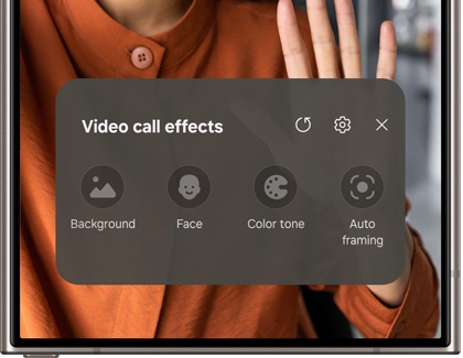 Video call effects pop-up displaying Background, Face, Color tone, and Auto framing