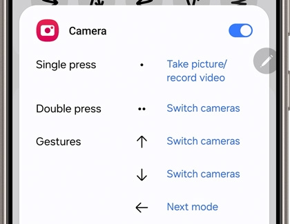 Air actions menu for the Camera app while displaying different gestures