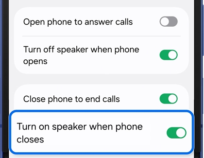 Samsung Galaxy phone call settings screen with Turn on speaker when phone closes toggle enabled.