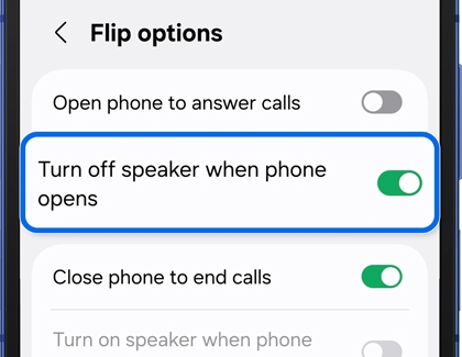 Samsung Galaxy call settings showing multiple flip options including Turn off speaker when phone opens.