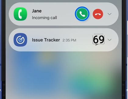 Incoming call notification on the Samsung Galaxy Z Flip7 with green accept and red decline icons.