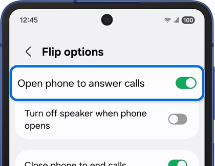 Flip options settings on a Samsung Galaxy phone showing Close phone to end calls toggled on.