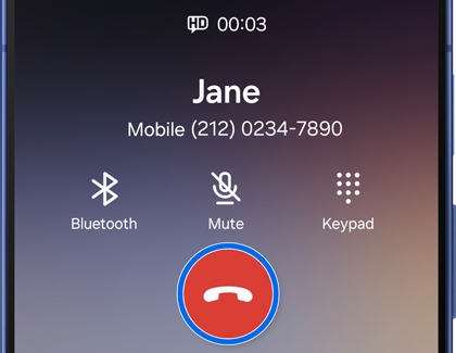 Galaxy phone screen displaying the end button selected duing a call in the Samsung Phone app.
