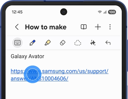 A link highlighted in Samsung Notes on a Galaxy phone with a blue selection handle.