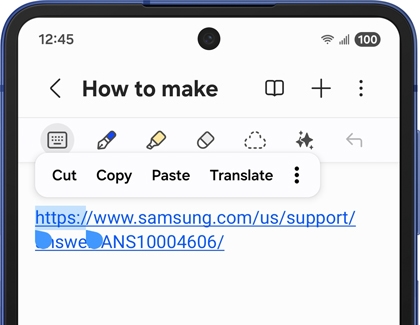 Samsung Notes on a Galaxy phone with a link selected and editing options Cut, Copy, Paste, Translate.