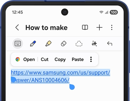 Samsung Notes on a Galaxy phone with a link selected showing the option to Open, Cut, Copy, or Paste.