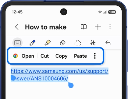 Samsung Notes on a Galaxy phone with the Open option highlighted for a selected hyperlink.