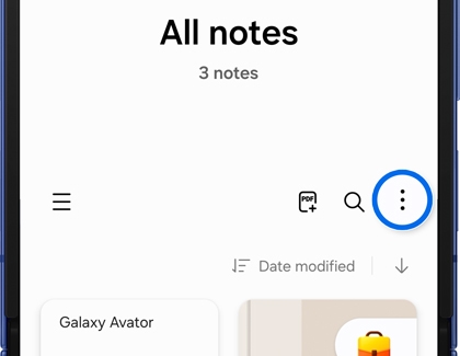 Samsung Notes app on a Galaxy phone showing the More options menu with Settings highlighted.