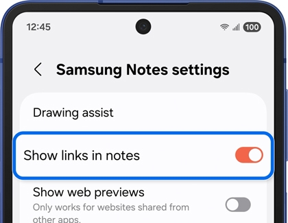 Samsung Notes settings on a Galaxy phone with Show links in notes toggle turned off.