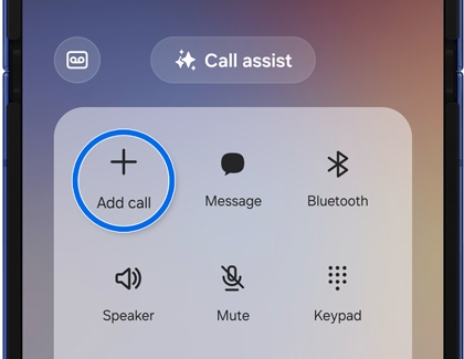 Add call button highlighted in the in-call menu on a Galaxy Z Flip7.