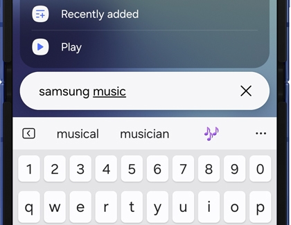 Samsung Music typed in the search bar with results showing.