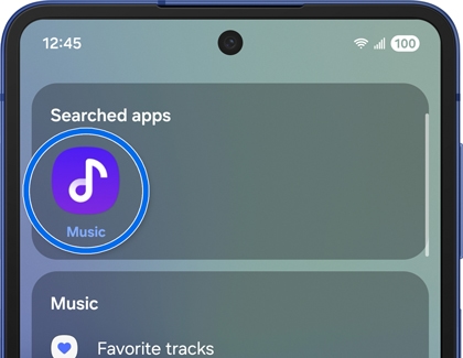 Samsung Music app icon displayed under searched apps.