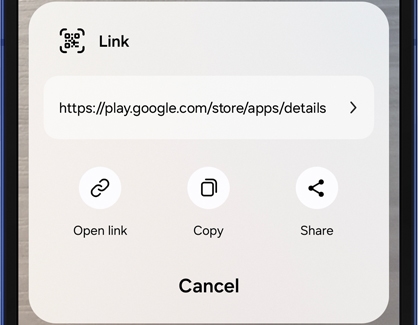 QR code link options with open, copy, and share.