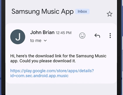 Email showing a download link for the Samsung Music app.