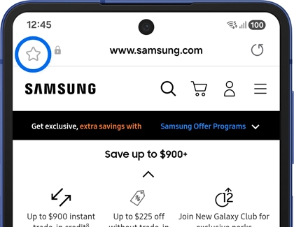 Internet app showing the Samsung website homepage with the bookmark icon highlighted at the top left.