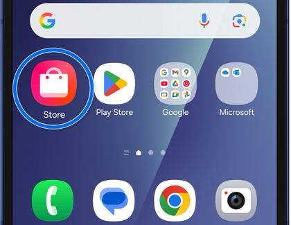 Galaxy Store app highlighted on the Home screen.