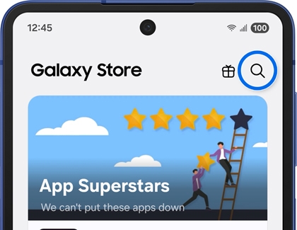 Search icon highlighted in Galaxy Store.