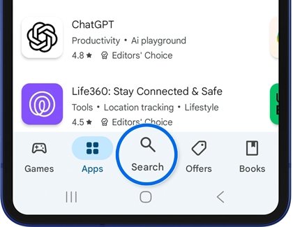 Search option highlighted in the Play Store.