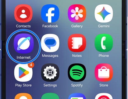 Home screen on a Samsung Galaxy phone showing the Internet app icon highlighted.