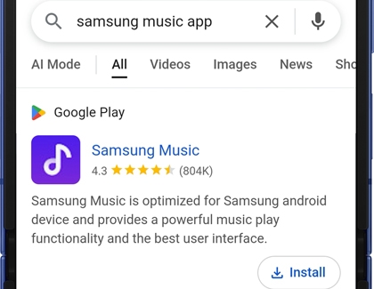 Search results in the Samsung Internet app showing Samsung Music in Google Play.