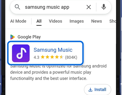 Samsung Music search result highlighted in the Samsung Internet app.