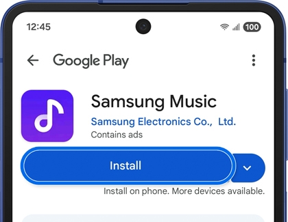 Samsung Music app install page open in Google Play on a Galaxy phone.