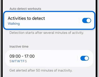 The Activities to detect option highlighted on the Health settings screen in the Galaxy Wearable app.