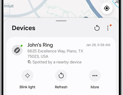 The Samsung Find screen displaying device and location information for a Galaxy Ring.