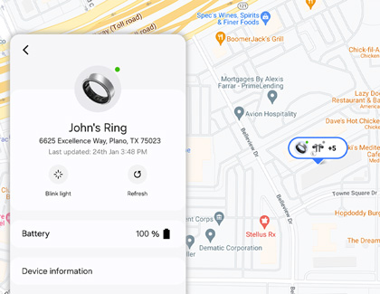 The Samsung Find website displaying various device locations next to a Galaxy Ring screen.