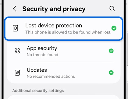 The Lost device protection option highlighted on the Security and privacy settings screen.