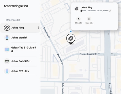 The SmartThings Find website displaying various device locations with a Galaxy Ring selected.