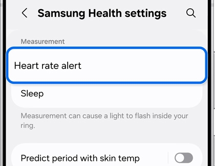 The Heart rate alert option highlighted on the Samsung Health settings screen.