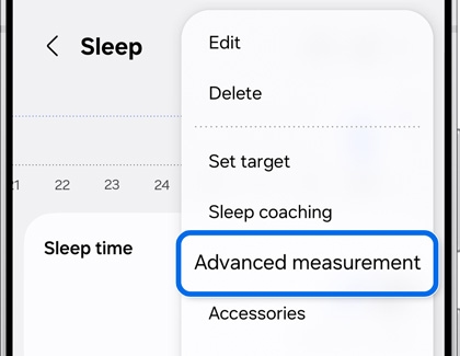 The Advanced measurement option highlighted on the Sleep tracking screen.