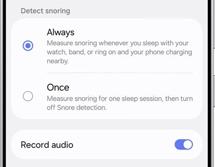 The Detect snoring screen with options for Always, Once, and Record audio.