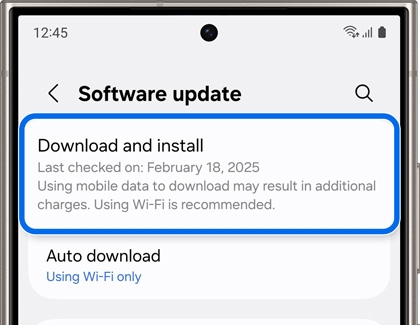 Software update screen on a Samsung Galaxy device displaying Download and install