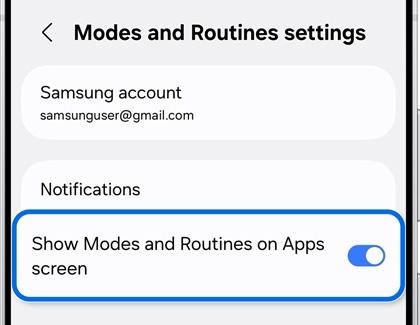 Modes and Routines settings screen on a Galaxy device with Show Modes and Routines on Apps screen toggle highlighted and turned on.