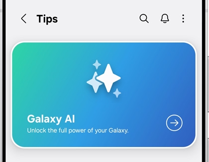 Galaxy Tips screen with a Galaxy AI card featuring stars icon and the text Unlock the full power of your Galaxy