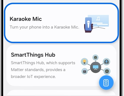 Menu in the SmartThings app showing Karaoke Mic and SmartThings Hub options.