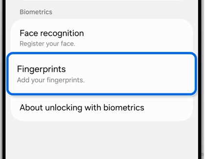 Fingerprints highlighted in Biometrics settings