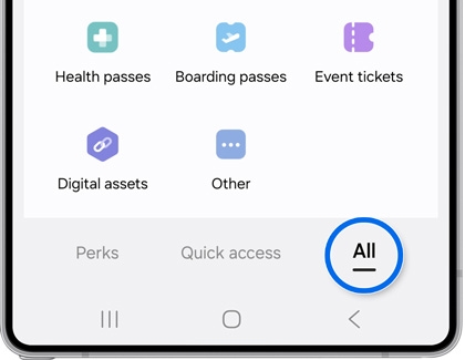 Samsung Wallet interface displaying categories for Health passes, Boarding passes, Event tickets, and Digital assets.