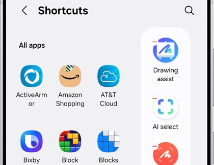 Shortcuts menu on a Samsung Galaxy device with app options like Drawing assist and AI select.