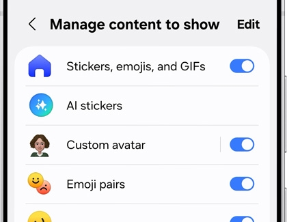 Galaxy S25 Ultra showing settings for managing content display on the keyboard, with toggles for stickers, AI stickers, custom avatars, and emoji pairs