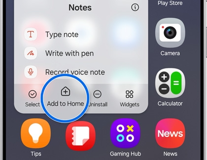 Galaxy S25 Ultra showing the Add to Home option for the Notes app with the icon highlighted.