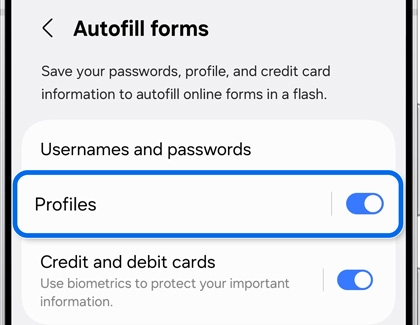 Autofill forms settings screen with Profiles toggle highlighted and turned on.