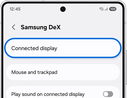 Galaxy S25 Ultra showing Samsung DeX settings with connected display option highlighted.