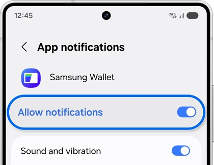 Settings menu with Samsung Wallet notifications toggle enabled under App Notifications.