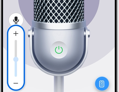 Karaoke microphone interface with volume slider on a Samsung phone screen.
