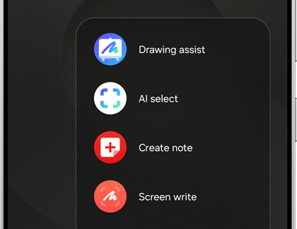 Drawing assist, AI select, Create note, and Screen write options in the Air command menu. 