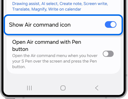 The Show air command icon option highlighted in the Air command menu.